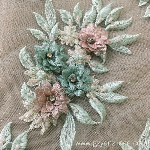 Light Green 3D StoneTulle Embroidery Fabric